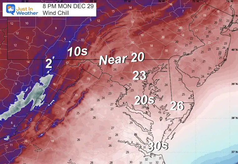 December 29 weather wind chill Monday evening