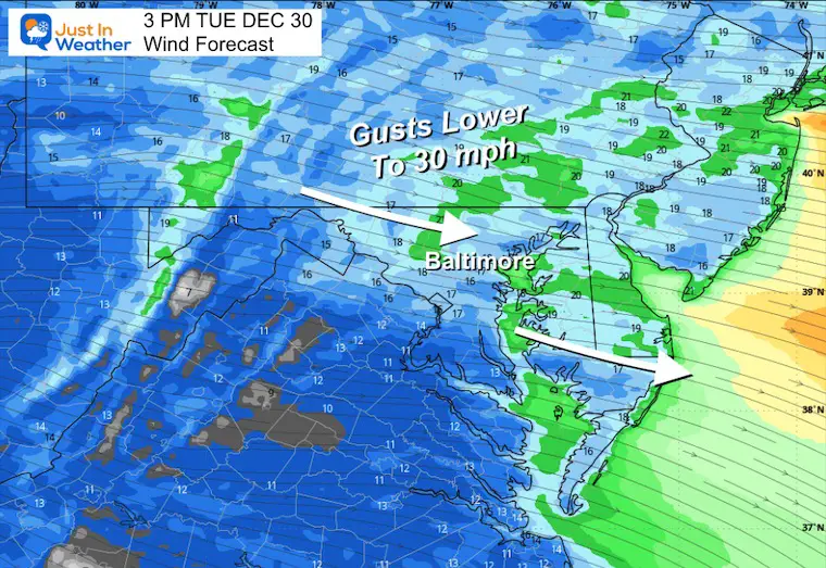 December 30 weather forecast wind Tuesday afternoon 