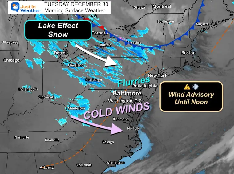 December 30 weather wind snow Tuesday morning