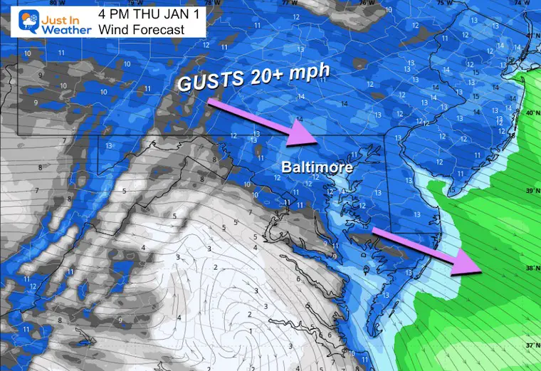 December 31 weather wind Thursday New Years Day afternoon