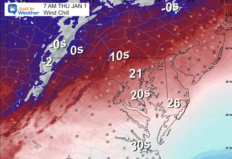 December 31 weather wind chill Thursday New Years Day 7 AM