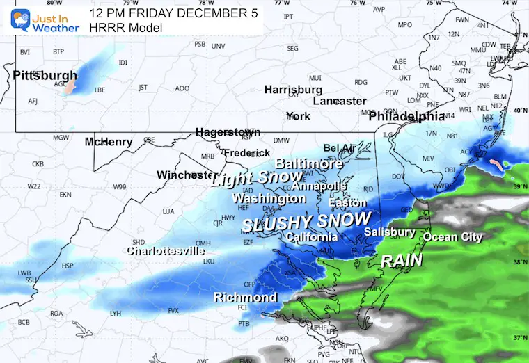 December 4 weather snow radar Friday Noon HRRR