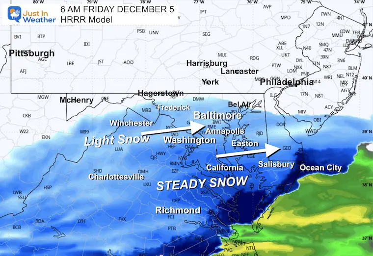 December 4 weather snow radar Friday morning HRRR