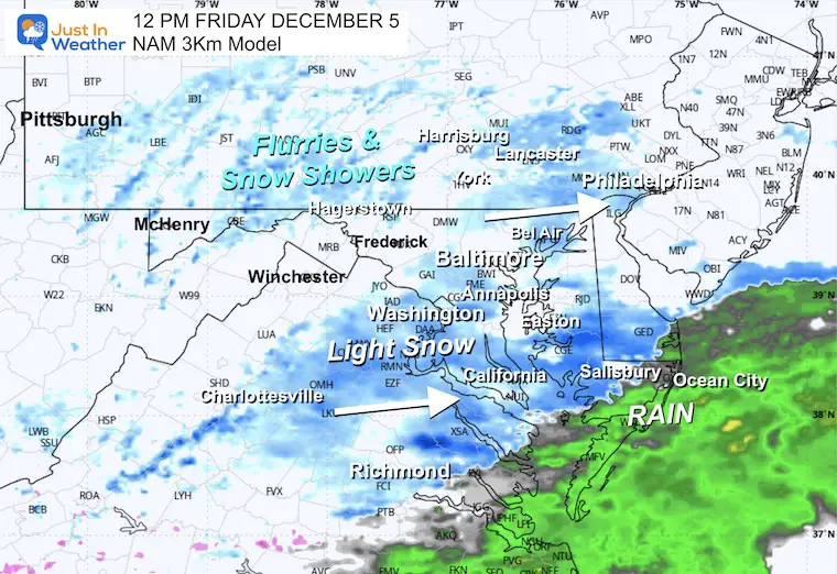 December 4 weather snow radar Friday Noon NAM