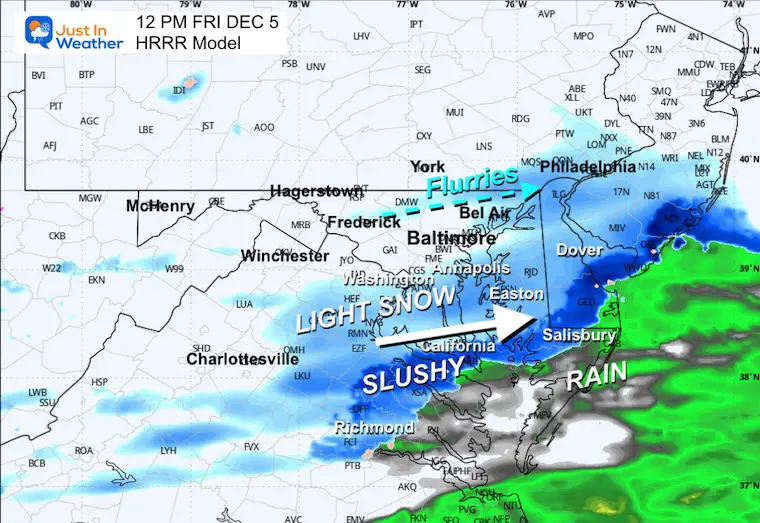 December 5 weather snow forecast simulation HRRR Friday Noon