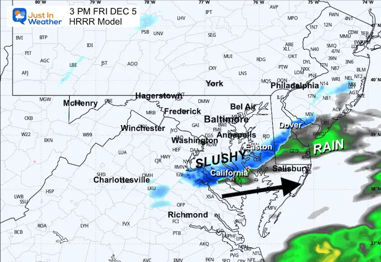 December 5 weather snow forecast simulation HRRR Friday 3 PM