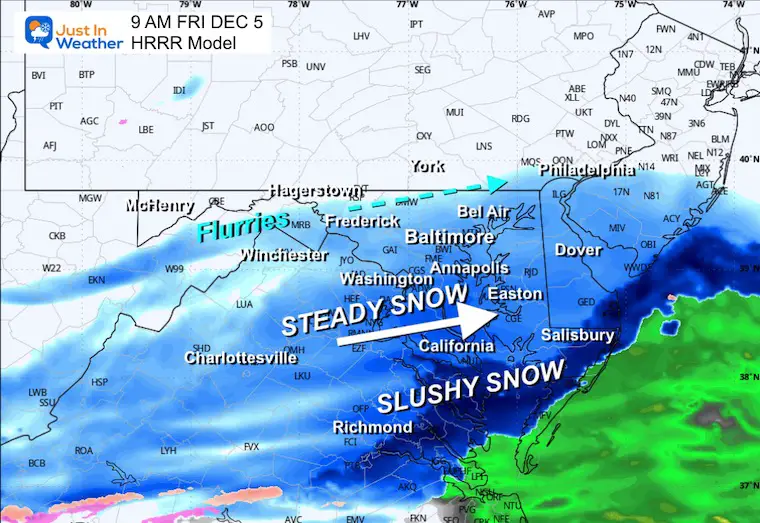 December 5 weather snow forecast simulation HRRR Friday 9 AM