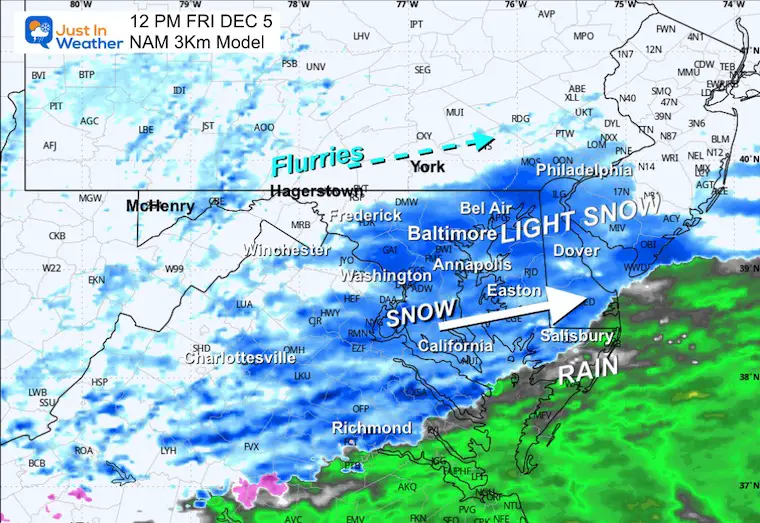 December 5 weather snow forecast simulation NAM 3 Km Friday Noon