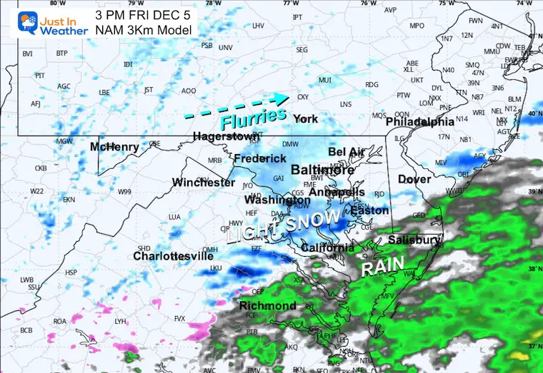 December 5 weather snow forecast simulation NAM 3 Km Friday 3 PM
