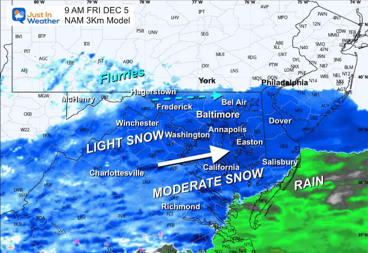December 5 weather snow forecast simulation NAM 3 Km Friday 9 AM