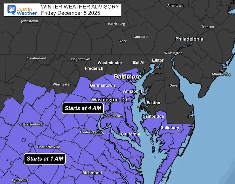 Winter Weather Advisory Friday December 5 Virginia Maryland