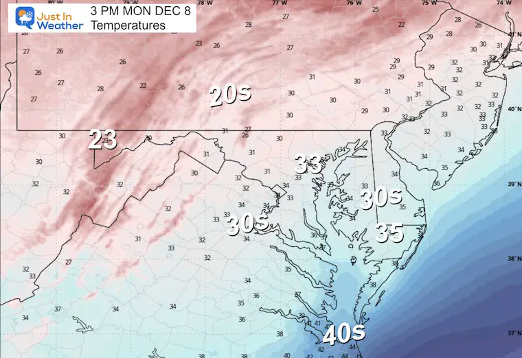 December 7 weather temperatures Monday afternoon