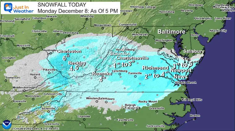 December 8 weather snow report Monday Virginia