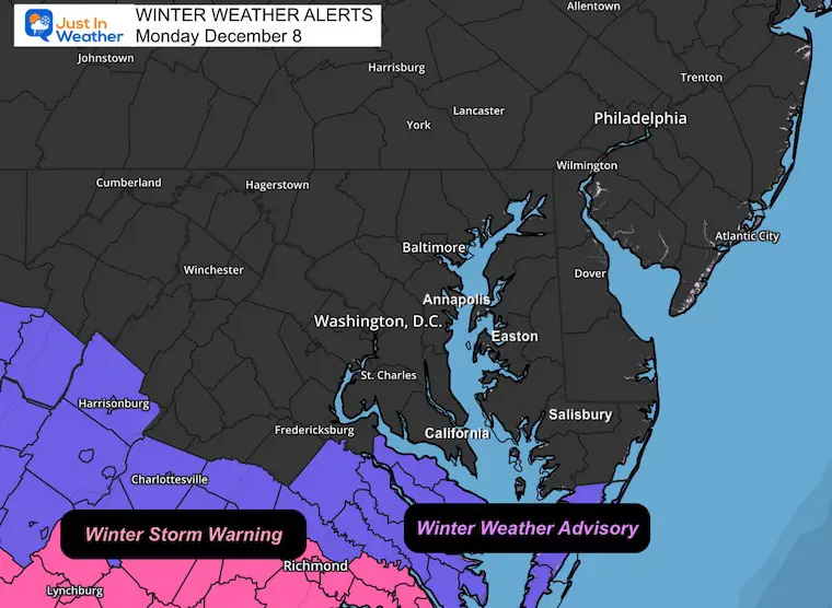 December 8 Winter Weather Advisory and Warning Snow Monday