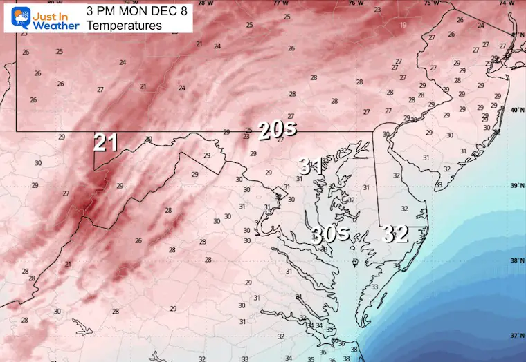 December 8 weather temperatures Monday afternoon