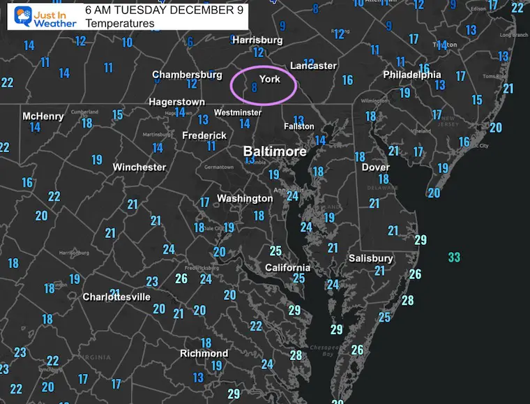 December 9 weather temperatures Tuesday morning