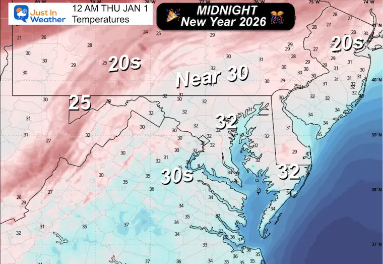 January 1 weather temperatures New Years Midnight