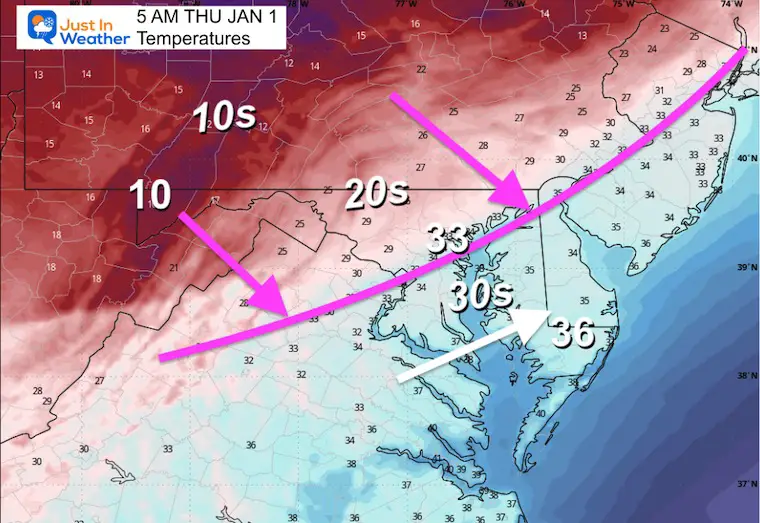 January 1 weather temperatures snow squall New Years Day 2026 morning 5 AM
