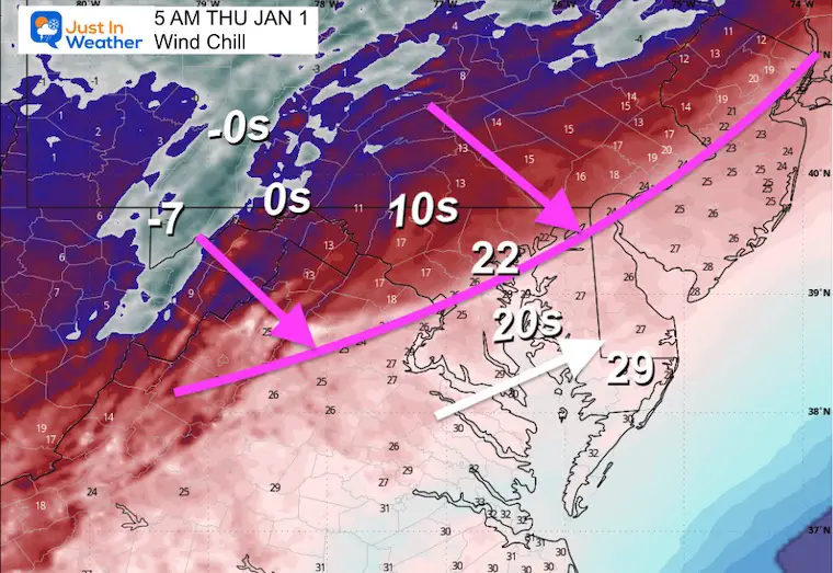January 1 weather wind chill snow squall New Years Day 2026 morning 5 AM