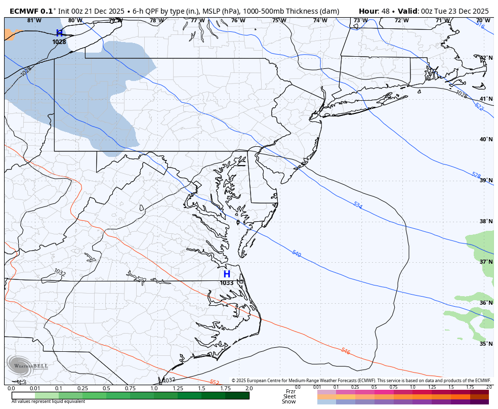 December 21 weather snow ice rain Tuesday Christmas Eve ECMWF