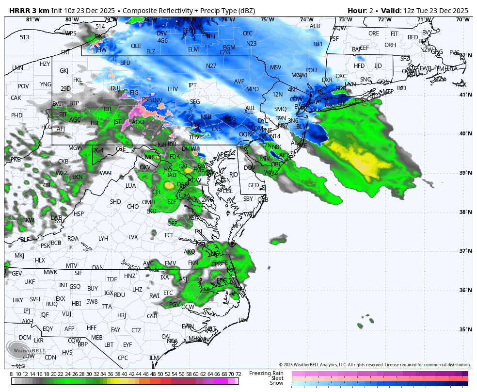 December 23 weather radar snow rain Tuesday