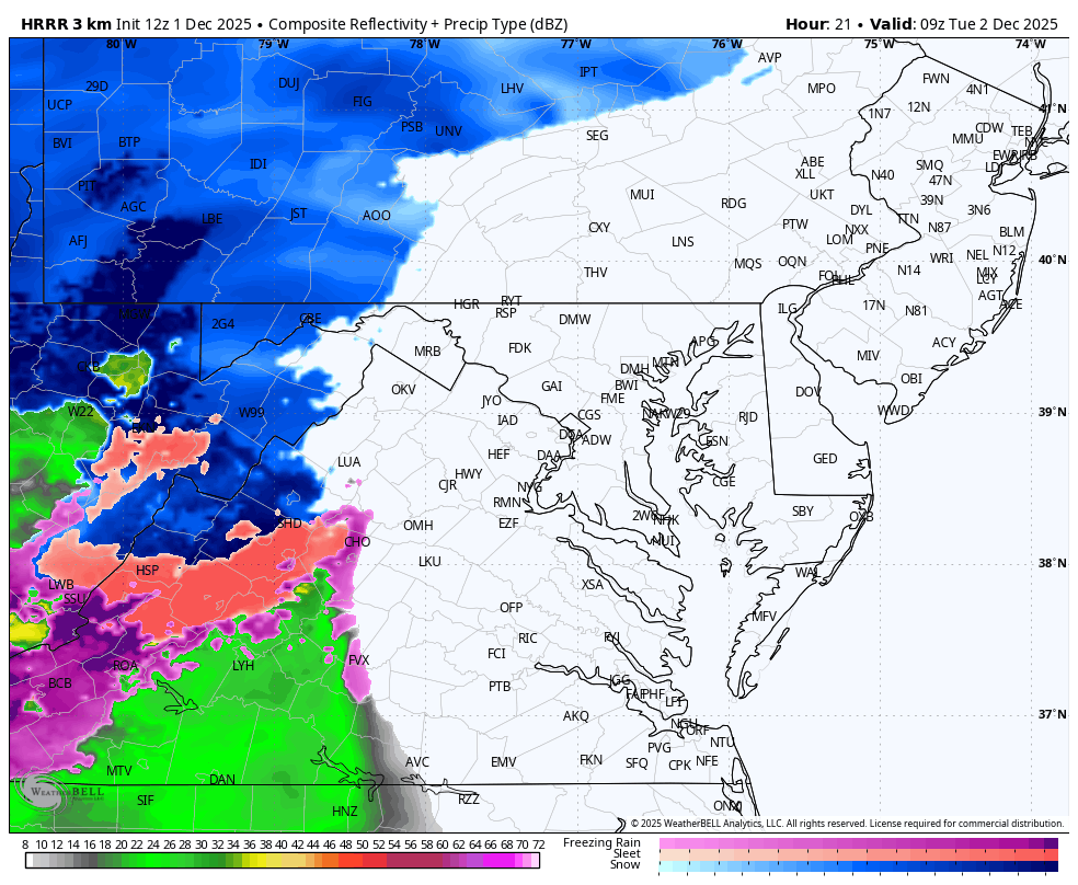 December 1 weather storm radar snow rain Tuesday