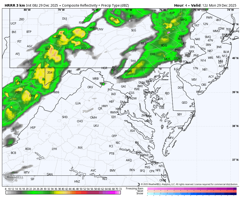 December 29 weather radar simulation Monday rain snow