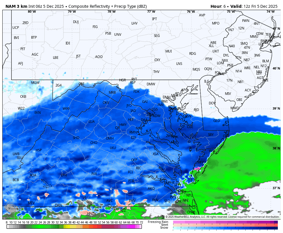 December 5 weather snow forecast simulation NAM 3 Km Friday