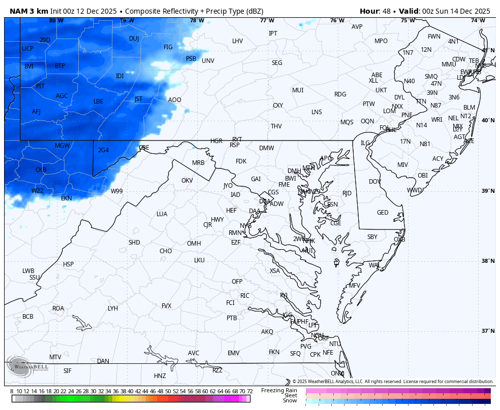 December 12 radar forecast Saturday night to Sunday morning