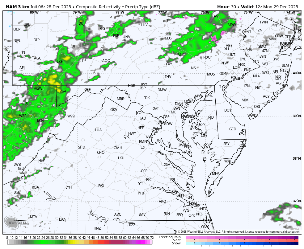 December 28 weather radar simulation Monday