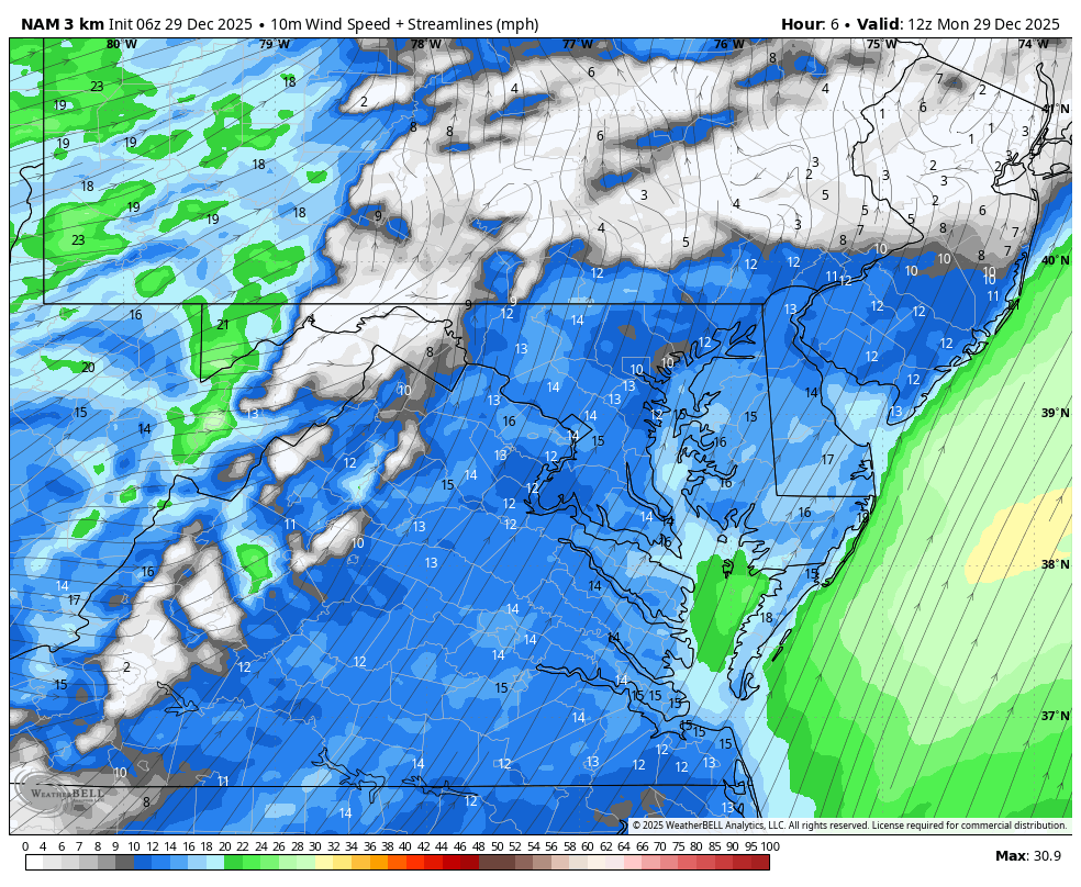 December 29 weather wind simulation Monday