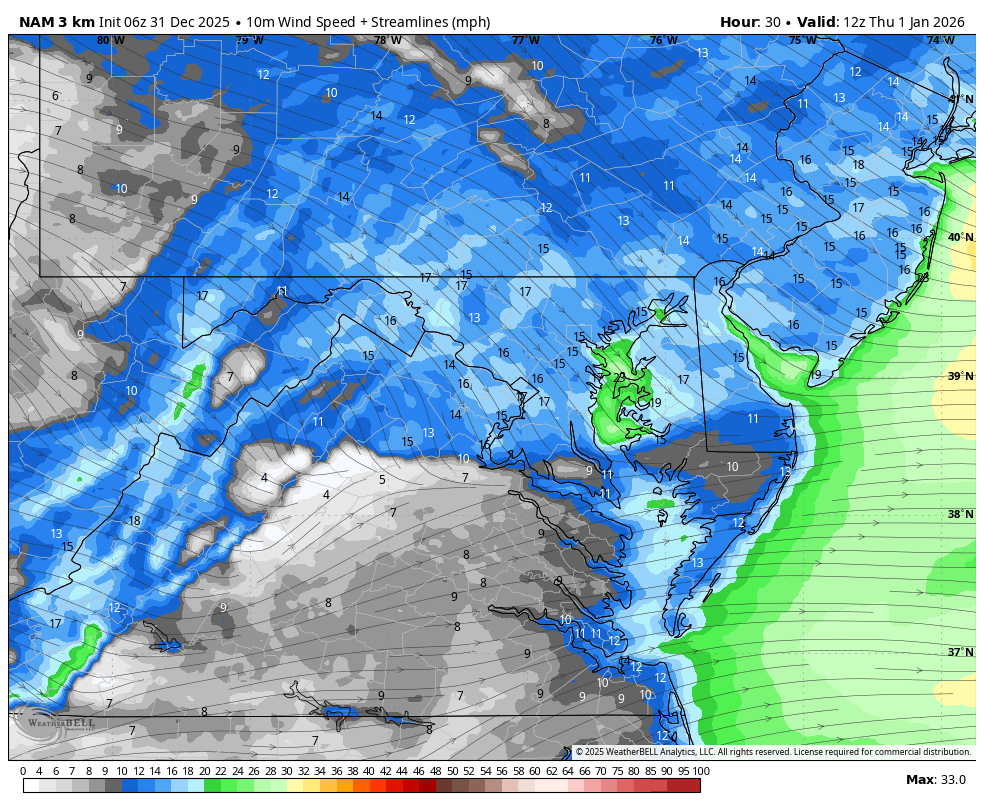 December 31 weather wind forecast Thursday New Years Day