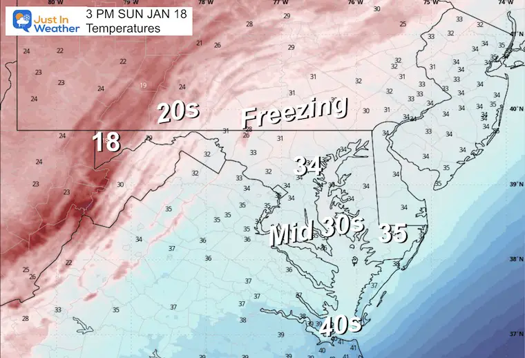 January 17 weather temperatures Sunday afternoon