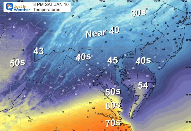 January 10 weather forecast temperatures Saturday Afternoon