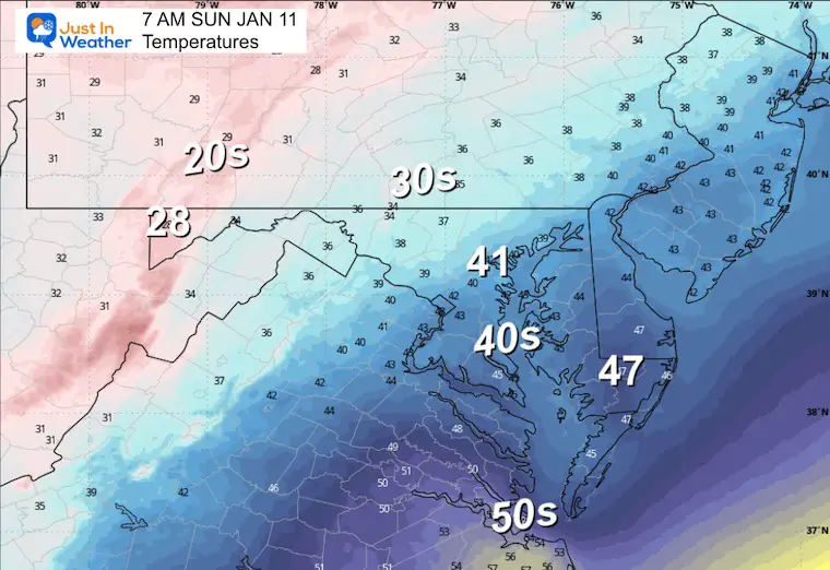 January 10 weather forecast temperatures Sunday morning