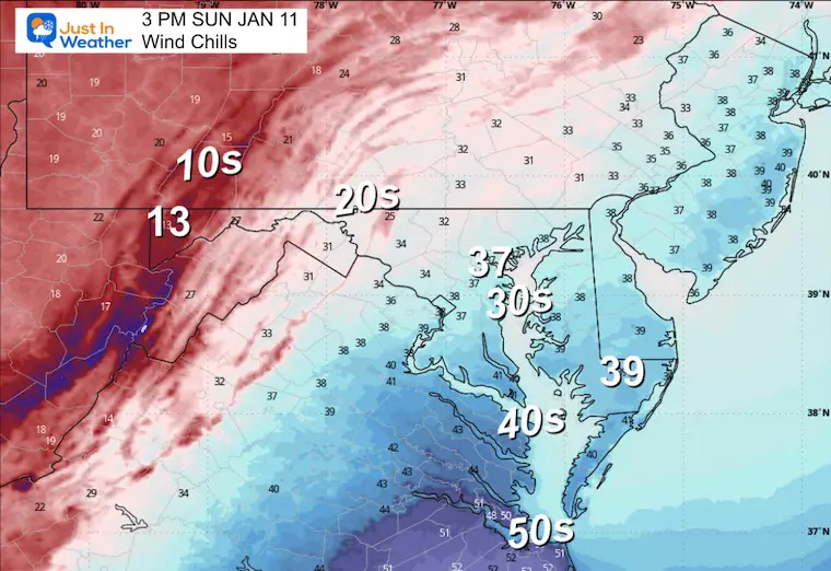 January 10 weather forecast wind chill Sunday afternoon