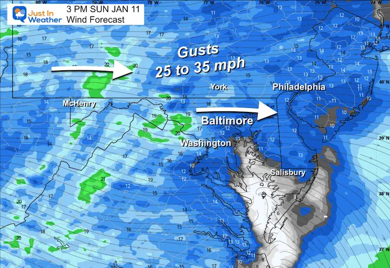 January 10 weather wind forecast Sunday afternoon
