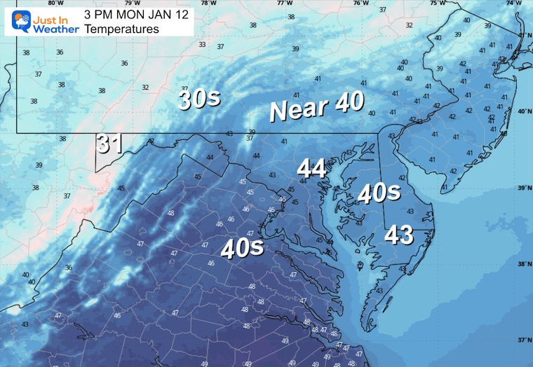 January 11 weather temperatures Monday afternoon