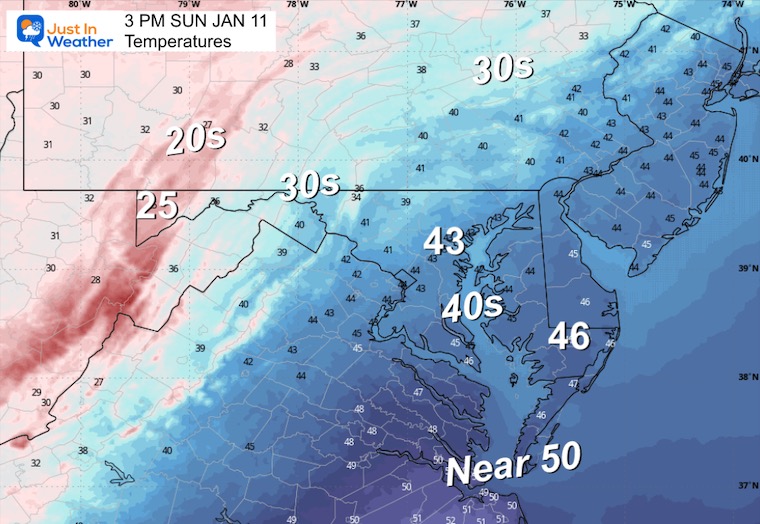 January 11 weather temperatures Sunday afternoon