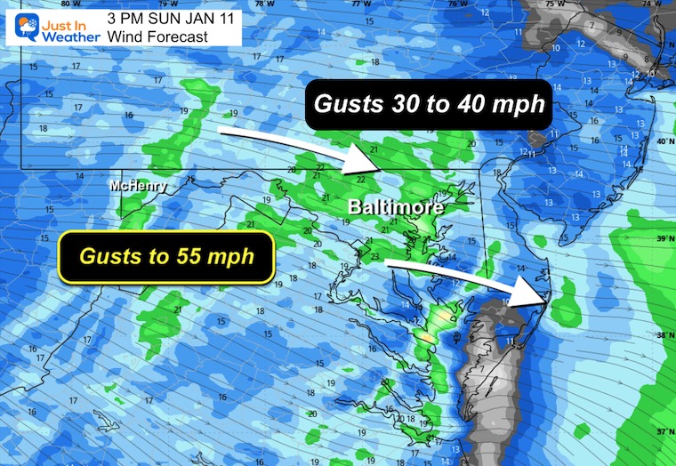 January 11 weather forecast wind Sunday afternoon
