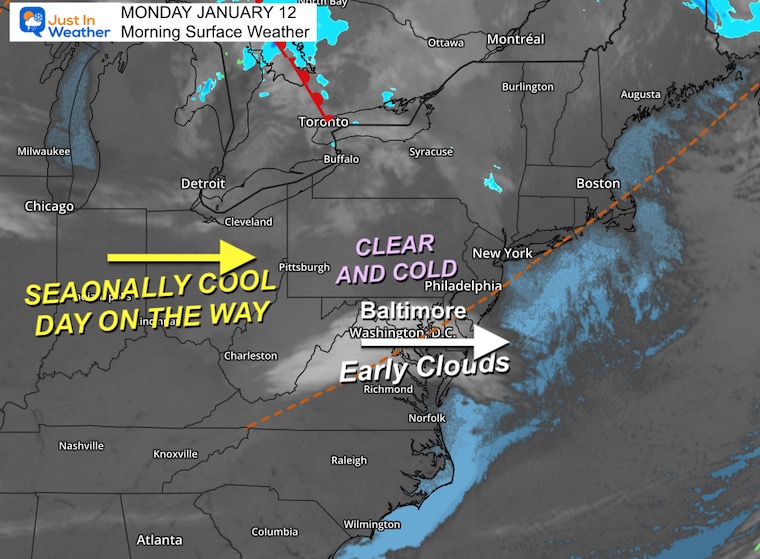 January 12 weather map Monday morning