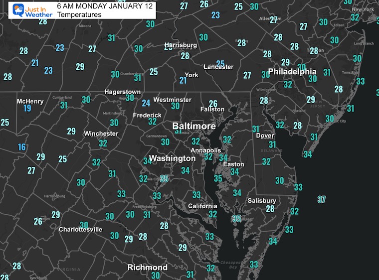 January 12 weather temperatures Monday morning