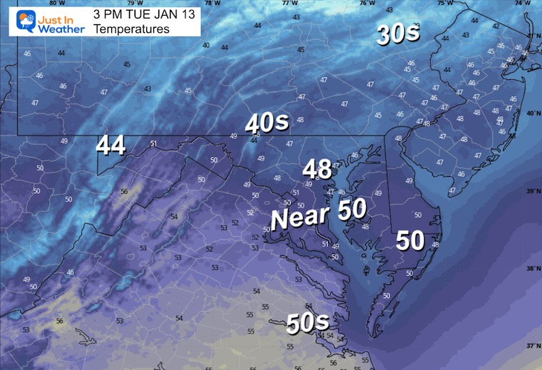 January 12 weather temperatures Tuesday afternoon 