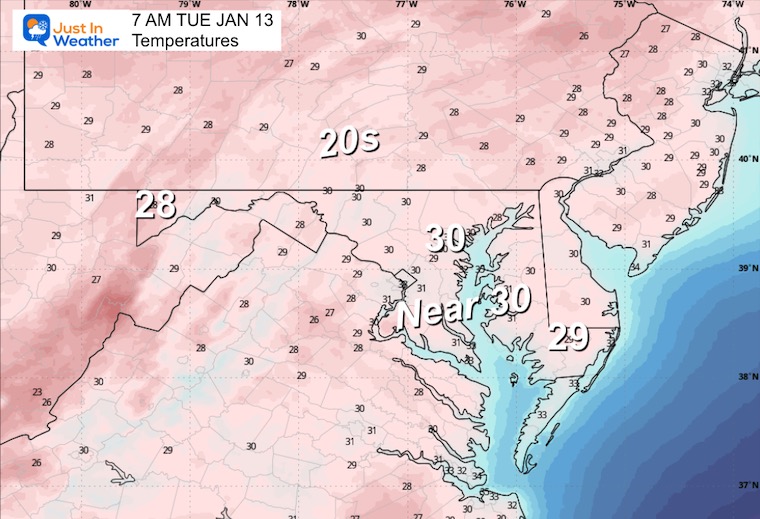 January 12 weather temperatures Tuesday morning