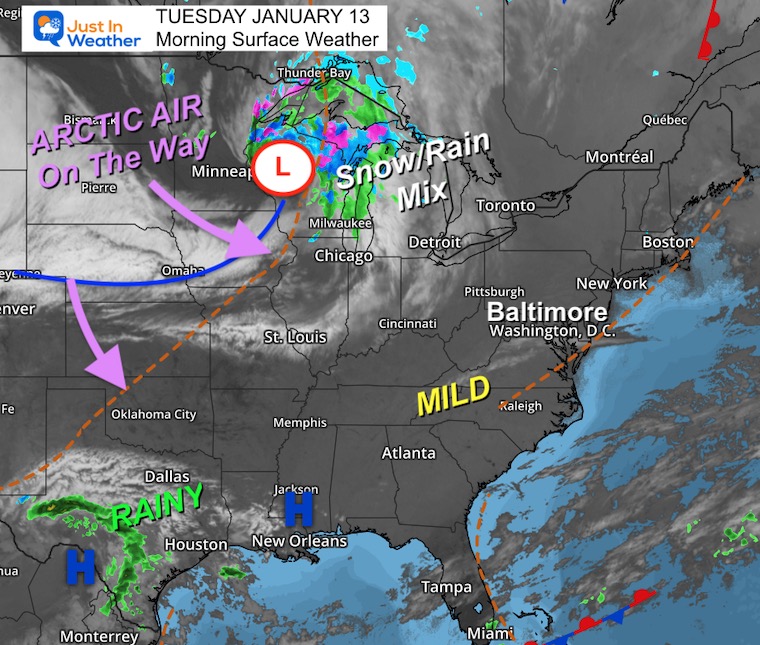 January 13 weather map Tuesday morning