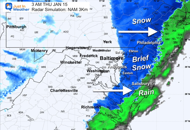 January 13 weather radar rain snow 3 am Thursday