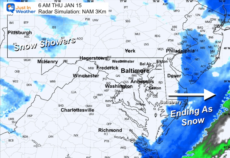 January 13 weather radar rain snow 6 am Thursday