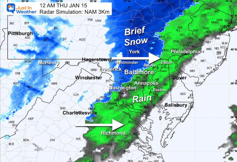 January 13 weather radar rain snow midnight Thursday