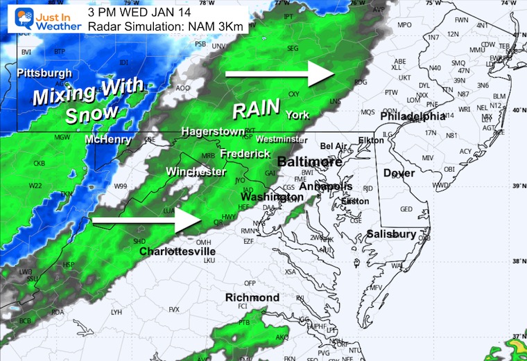 January 13 weather radar rain snow Wednesday afternoon