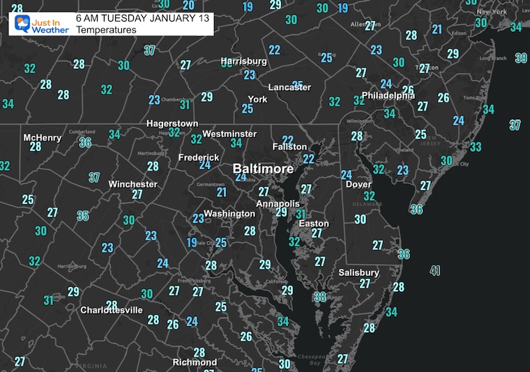January 13 weather temperatures Tuesday morning